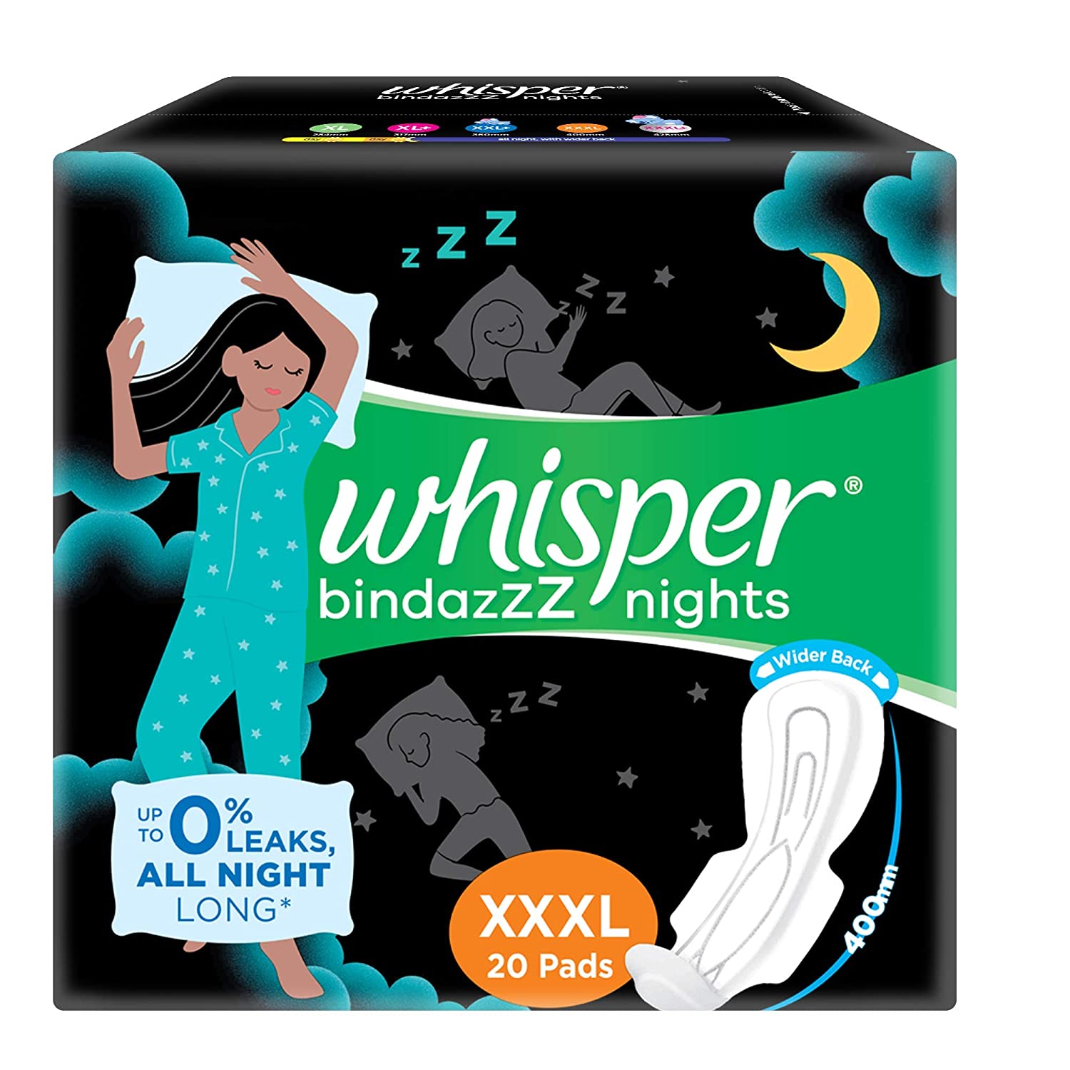 Whisper bindazzz Nights Pads For Women, XXX-Large Pack of 20 pads - DABRA  Store